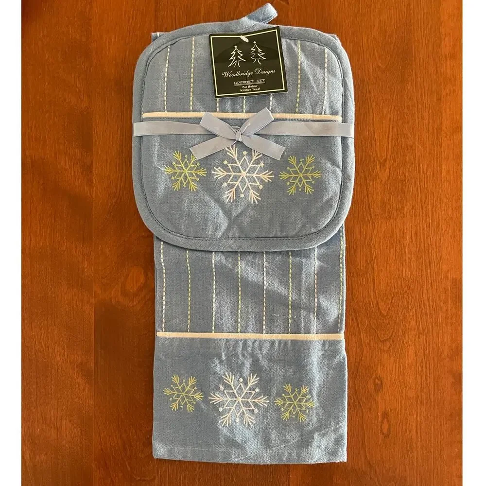 Woodbridge Designs Blue Winter Holiday Snowflake Kitchen Towel Potholder Set NEW